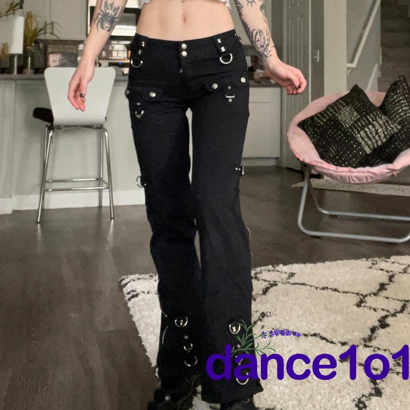 Quần jeans lưng cao phối vòng kim loại thời trang cho nữ