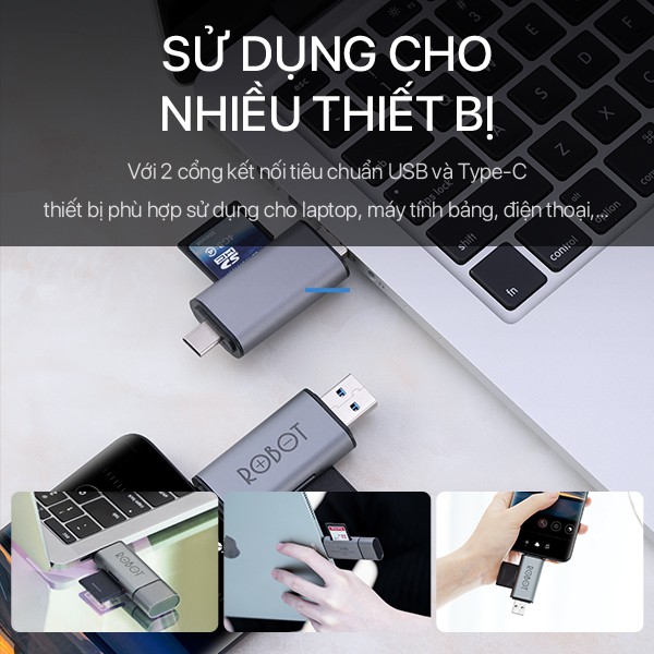 Thiết Bị Đọc Thẻ Nhớ SD/ MicroSD ROBOT CR202 Hai Đầu Type-C Và USB 3.0 Tốc Độ Truyền Cao - Vỏ Kim Loại Nhôm Cao Cấp