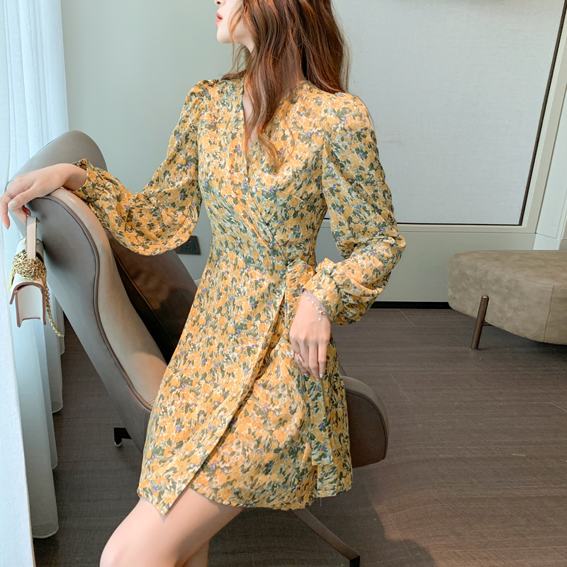 Đầm chiffon IELGY dài tay in hoa kiểu Pháp xinh xắn dễ thương cho nữ