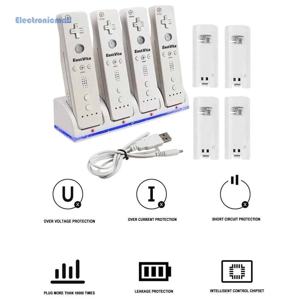 ElectronicMall01 4 Port Charger Stand Charging Dock Station w/USB Cable for WII Game Console