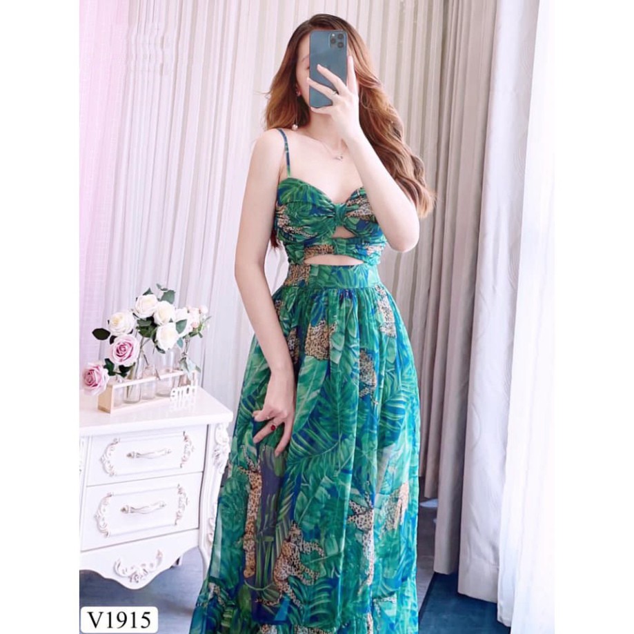 Váy đi biển maxi 2 dây xoắn ngực xẻ tà V1915 - Đầm đẹp dự tiệc DVC Fashion kèm ảnh thật