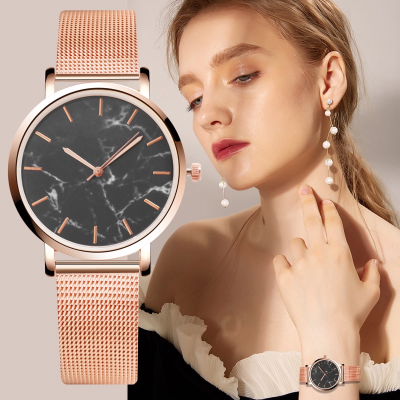 Fashion Mesh Band Creative Marble Wrist Watch Casual Women Quartz Watches Gift