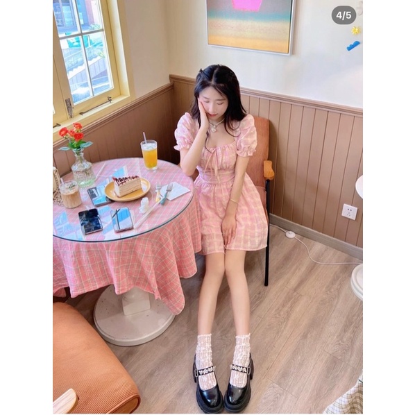 💥CÓ SẴN💥 Đầm carro hồng nhíu ngực công chúa kute ♥️ẢNH THẬT♥️