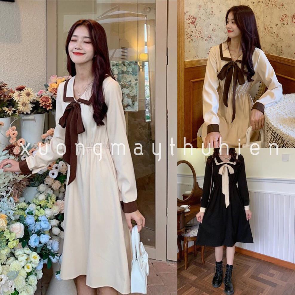 Váy babydoll nữ cổ bẻ phối nơ dáng suông vintage dưới 65kg - Lyza Store ❣️