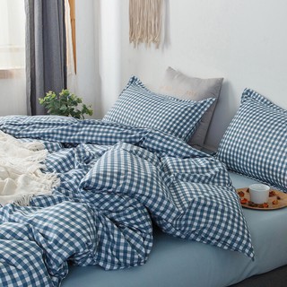 Bộ Chăn Ga Gối Cotton Poly Caro Xanh Biển Chăn Chần Bông