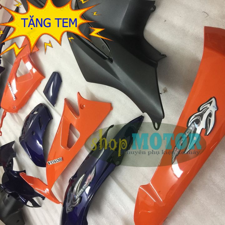 Dàn áo xe Wave S100, Wave RS, Wave Anpha [ĐẦY ĐỦ TEM XE]-màu TÍM CAM REPSOL cho xe đời 2006 đến 2016