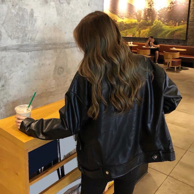 Áo Khoác Da Đen Jacket Bomber Cổ Bẻ Cá Tính Năng Động Phong Cách Unisex Siêu Chất