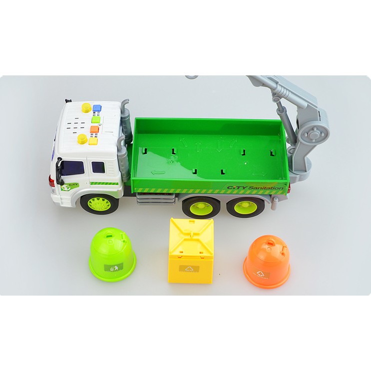 Xe ô tô chở rác có cẩu móc xe đồ chơi trẻ em bằng nhựa có âm thanh và đèn tỉ lệ 1:16