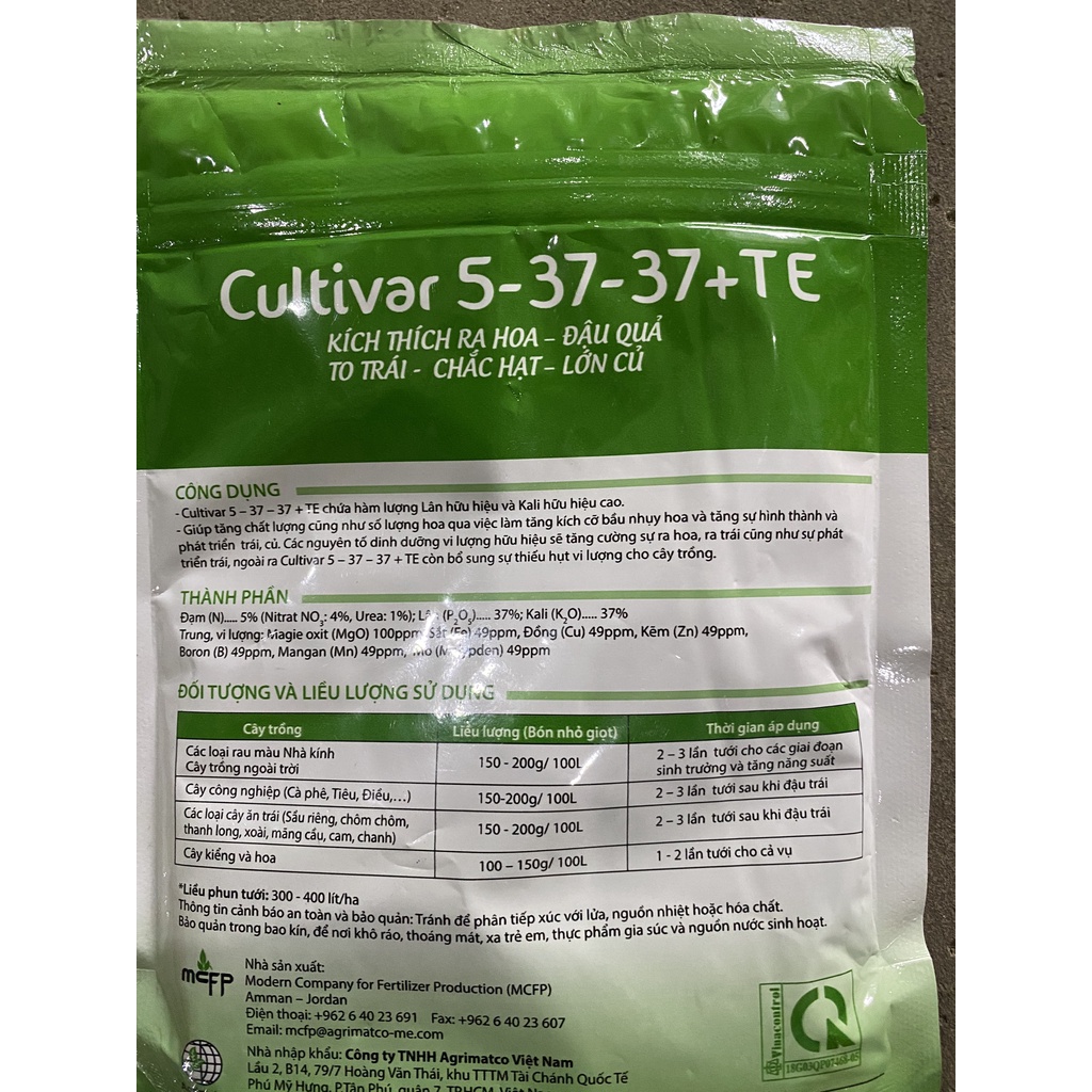 Phân bón lá xuất xứ Jordan Cultivar 5-37-37+TE tăng ra, hoa đậu trái - gói 250gr