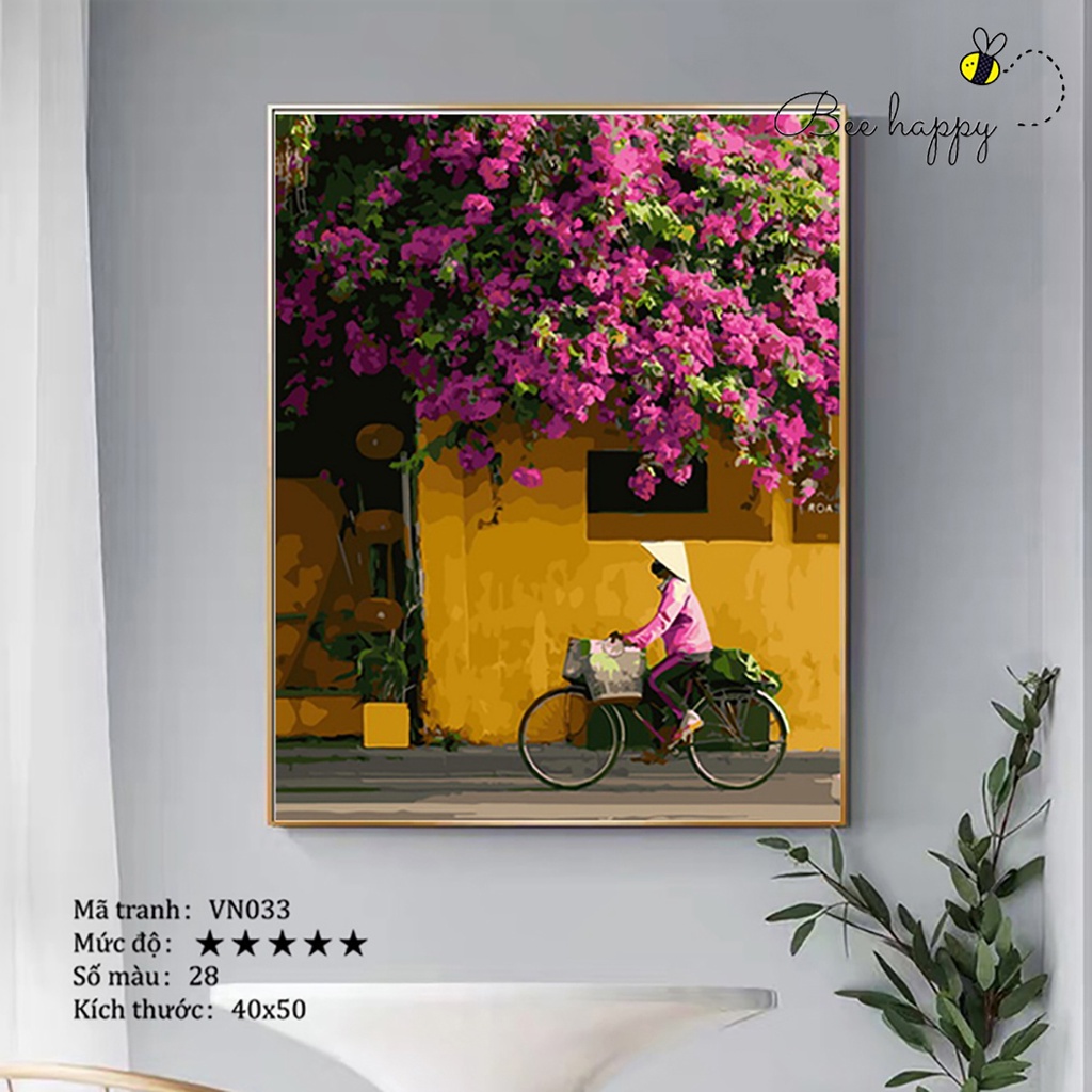 Tranh tô màu theo số Góc phố hoa giấy BEE HAPPY cao cấp màu 5ml, 2 bộ cọ có sẵn mã VN033