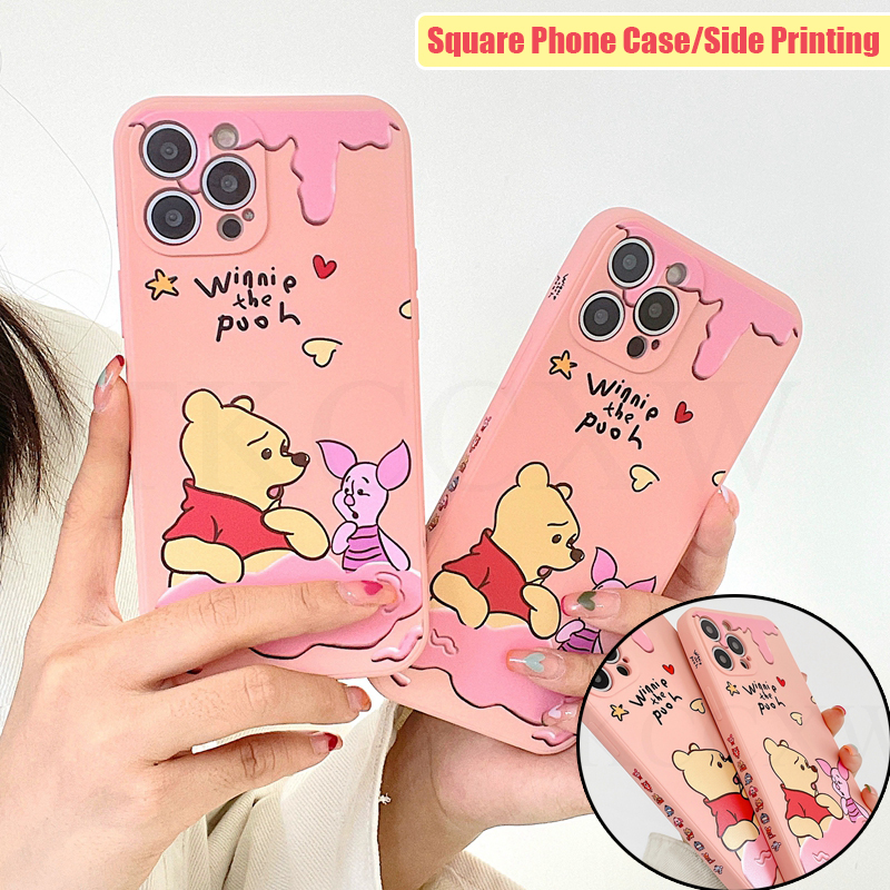 Casing OPPO R17 R15 Reno 4Z A92S A53 A33 A9 A5 2020 A12e AX5 A3S F11 Find X2 Lite NEO Fashion Side Printing Square Phone Case Cartoon Winnie the Pooh Matte Soft Liquid Silicone Cover