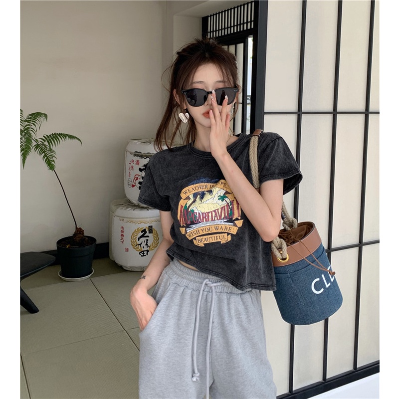 QKOOLE Áo thun nữ  ngắn tay cổ tròn thời trang Hàn Quốc