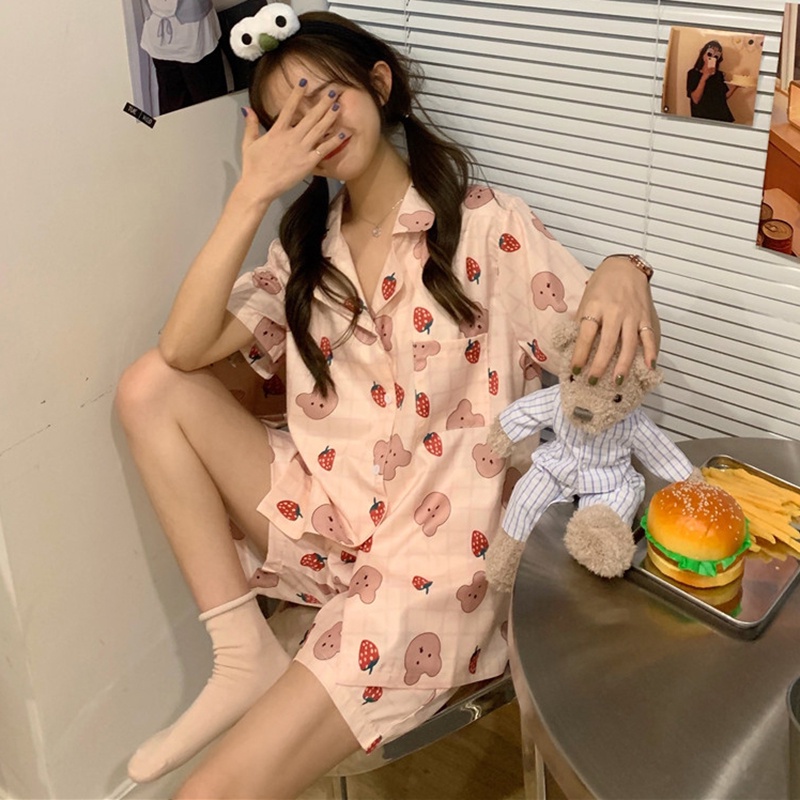 Bộ đồ ngủ ngắn tay in họa tiết hoạt hình độc đáo phong cách Hàn Quốc thời trang mùa hè cho nữ