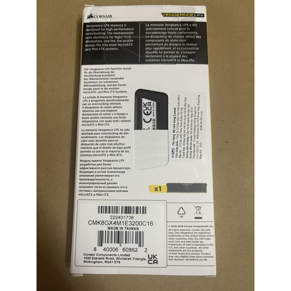 RAM Corsair Vengeance 8GB , 16 GB Bus 3200  DDR4 3200MHz Black , bảo hành chính hãng 36 tháng !
