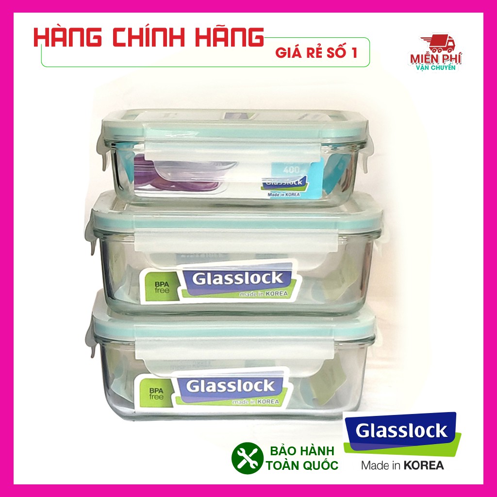 Hộp cơm giữ nhiệt Glasslock 400ml-710ml x 2, nhập khẩu Hàn Quốc, túi giữ nhiệt Hàn Quốc