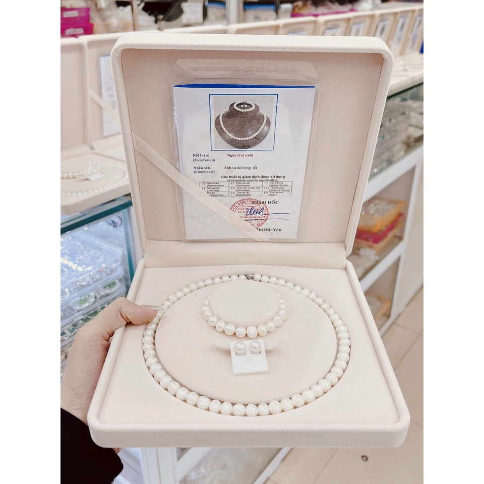 Bộ Vòng Cổ Lắc Tay Khuyên Tai Ngọc Trai Nhân tạo 8-9 ly Bóng Đẹp Kèm Giấy Kiểm Định NT001