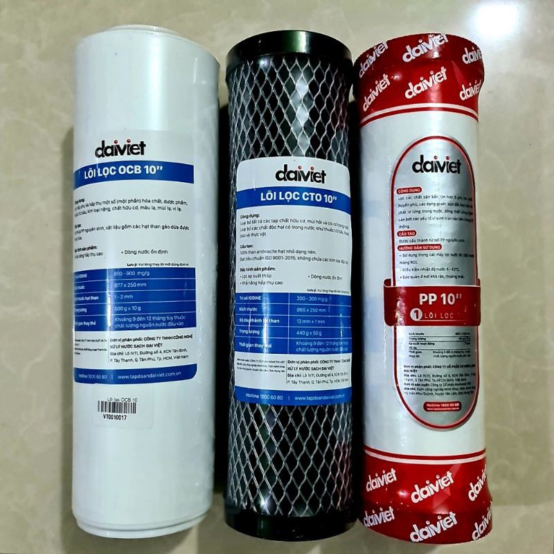 Bộ 3 lõi lọc thô PP, CTO, OCB Đại Việt - CTO than hoạt tính gáo dừa dạng nén