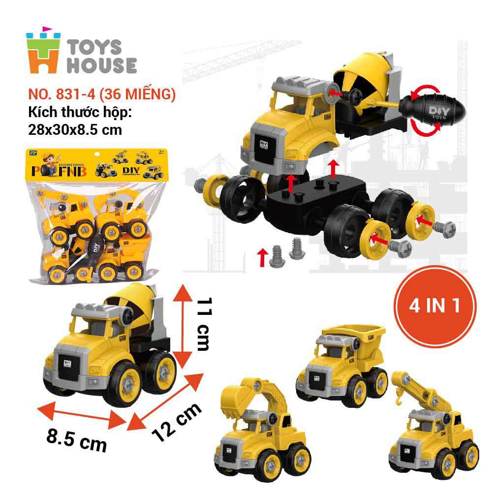 Đồ chơi lắp ghép mô hình oto xây dựng DIY 4 món gồm Cần cẩu, máy múc, xe bồn và xe ben Toys house
