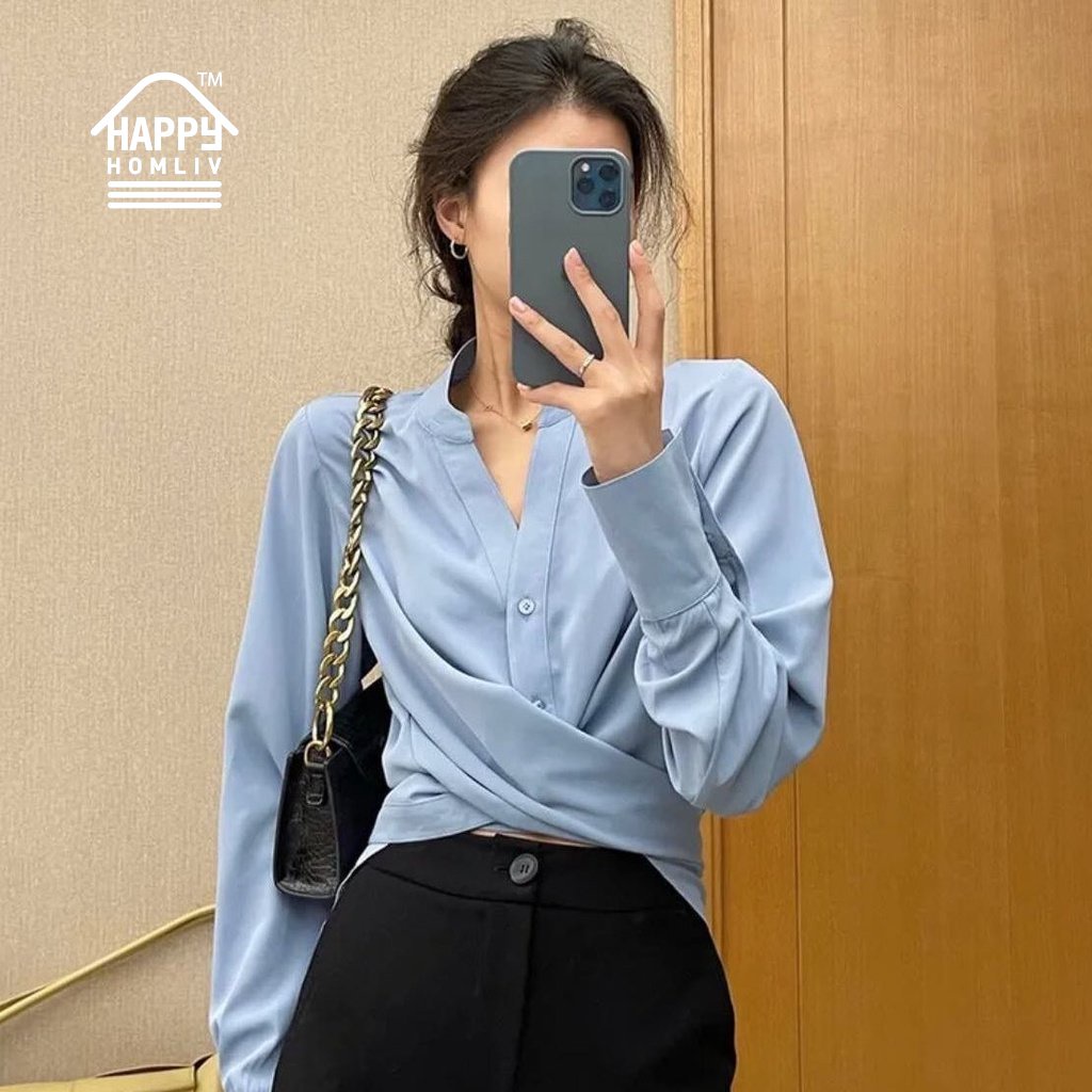 Áo croptop Nữ Tay Dài Cổ Chữ V Thắt Nơ Sau Lưng Size S-2XL