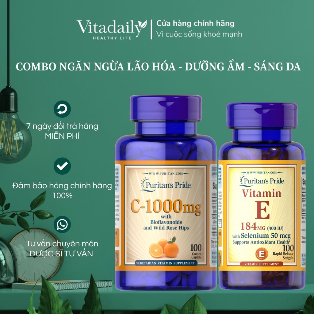 Combo viên uống ngăn ngừa lão hóa, dưỡng ẩm, sáng da Vitamin E & Vitamin C Puritan's Pride của Mỹ