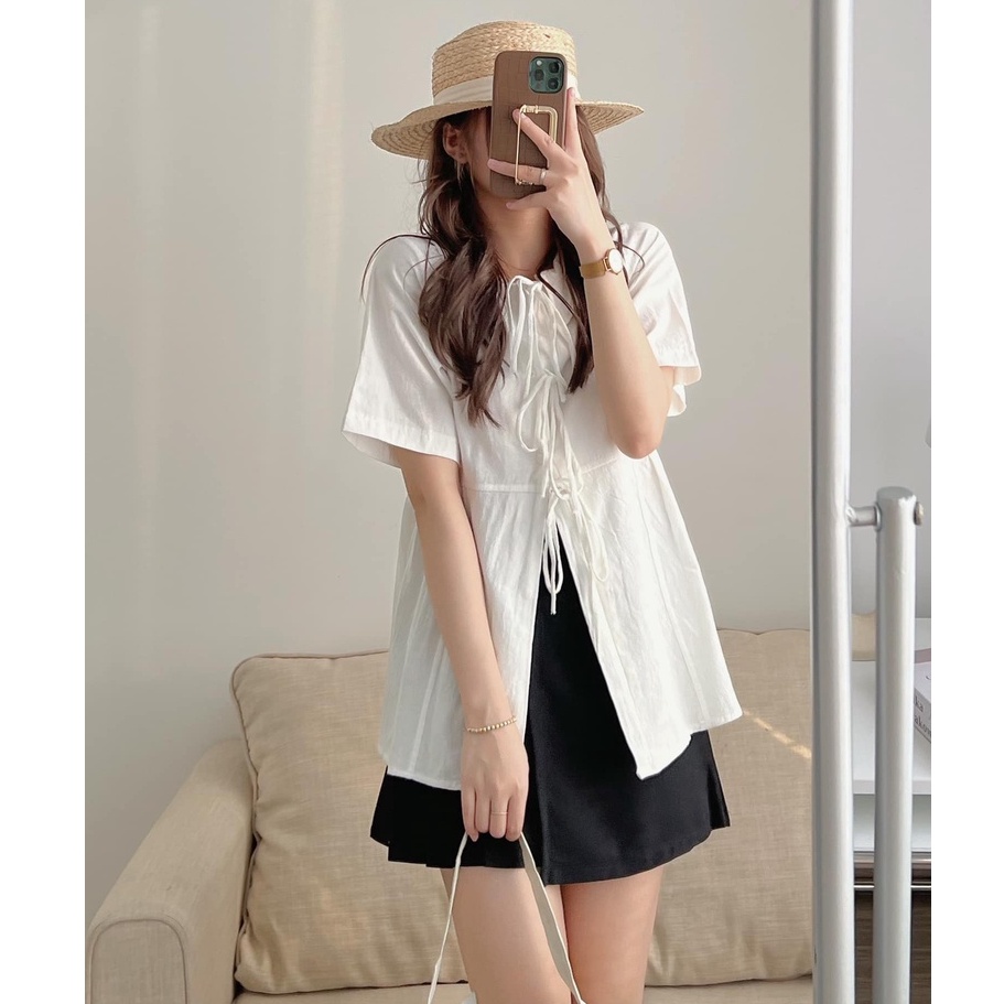 Áo Sơ Mi Babydoll Phối Dây Nơ Tiểu Thư 2 Màu Trắng Be, Labibi