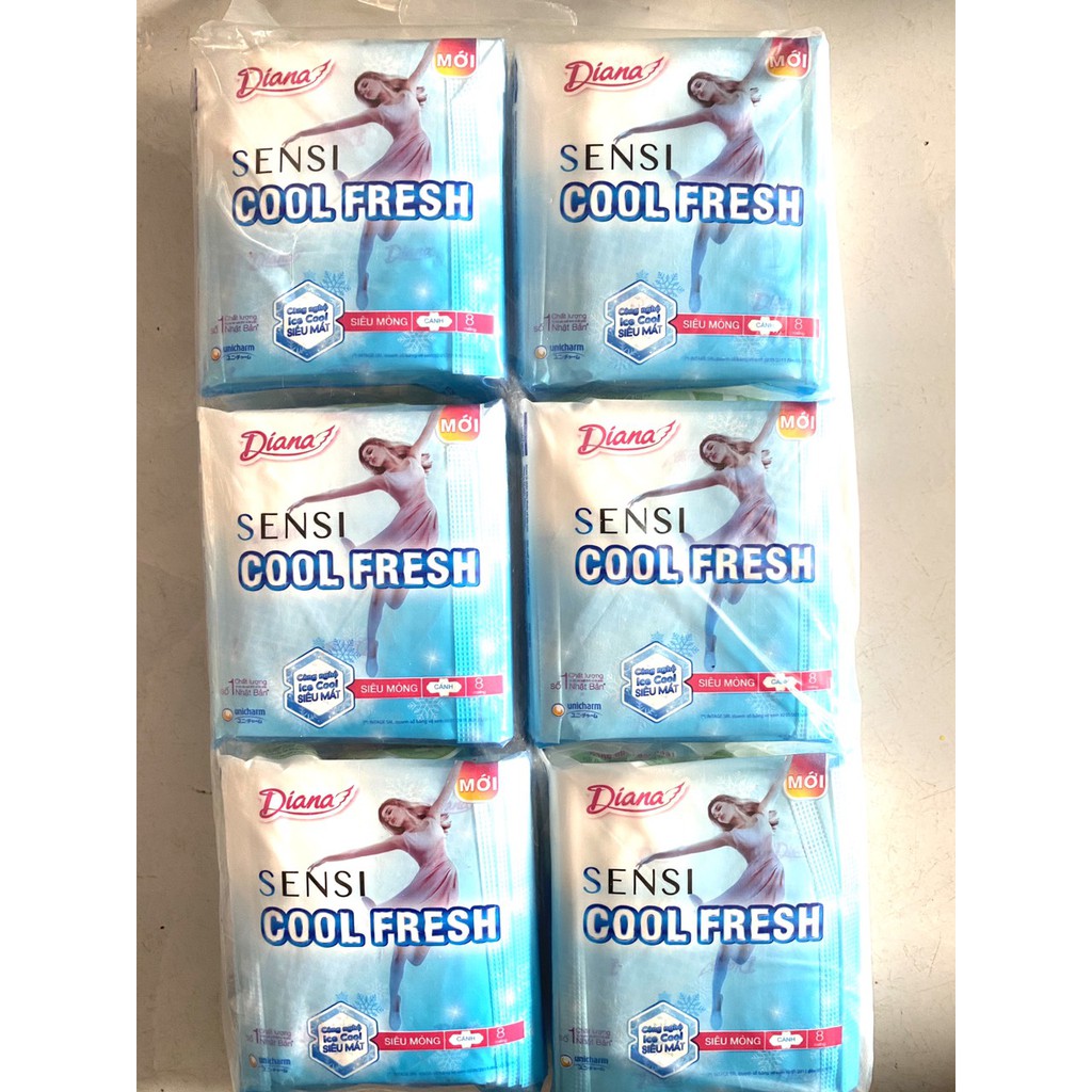 Lốc 6Gói Băng vệ sinh Diana Sensi Cool Fresh siêu mỏng cánh gói 8 miếng  23CM