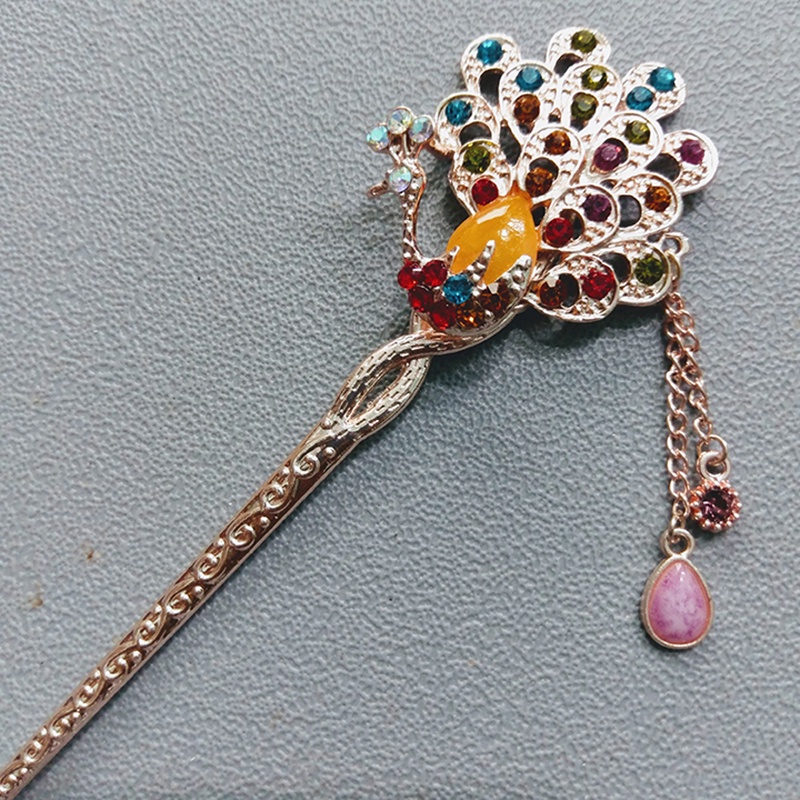 Trâm cài tóc đính đá họa tiết chim công tua rua vintage