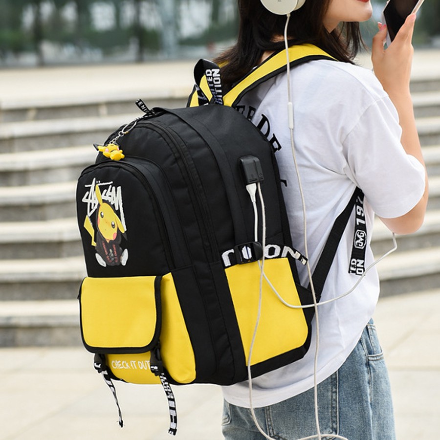 Balo nam nữ đi học thời trang Hót - Balo Pikachu hình dễ thương TẶNG móc khóa PIKACHU, cáp USB, Lỗ cáp tai nghe - BL130
