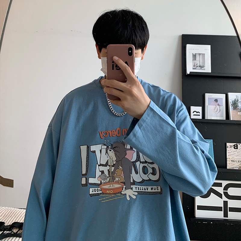 Áo thun tay dài cổ tròn dáng rộng in họa tiết hoạt hình phong cách Hàn Quốc thời trang mùa đông cho nam size M-5XL