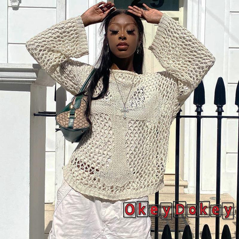 Okdk-áo Thun Dệt Kim Cỡ Lớn Khoét Rỗng Xuyên Thấu Phong Cách Harajuku Grunge Retro Cho Nữ