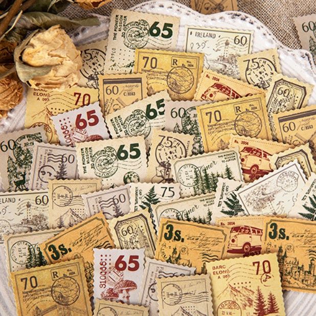 Hộp 45 miếng sticker mẫu tem hình cây thông và thực vật trong rừng