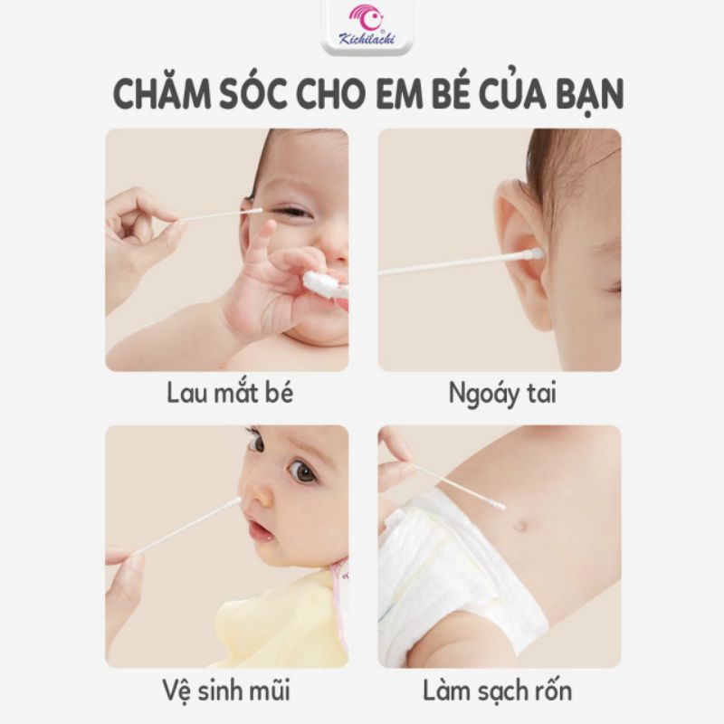 Heo hồng - Hộp 200 que tăm bông vệ sinh cho bé Kichi - 2 đầu đa chức năng cho Bé sơ sinh Kichilachi