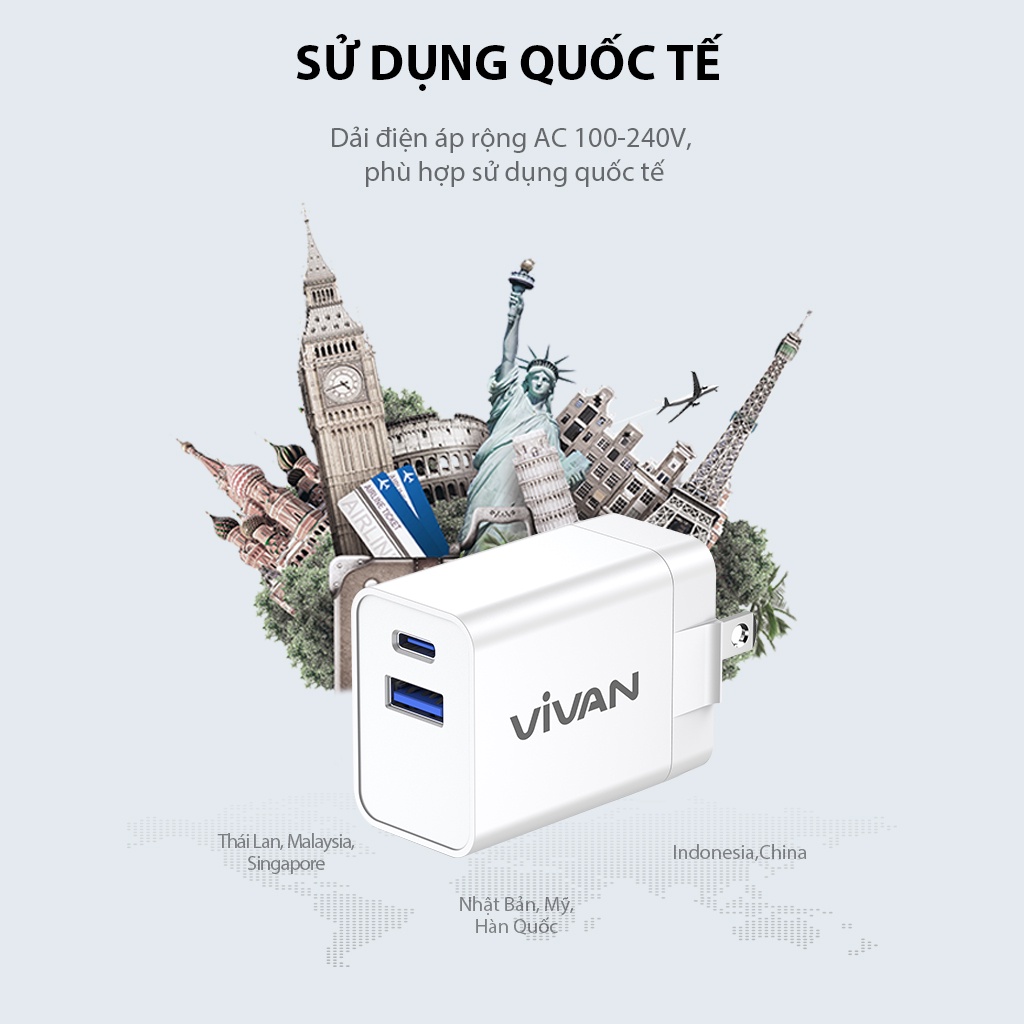 Cốc Sạc Nhanh PD 25W 2 Cổng USB-A Type-C AC 100-240V VIVAN POWER 25U Hỗ Trợ Tự Ngắt Dòng Hàng Chính Hãng