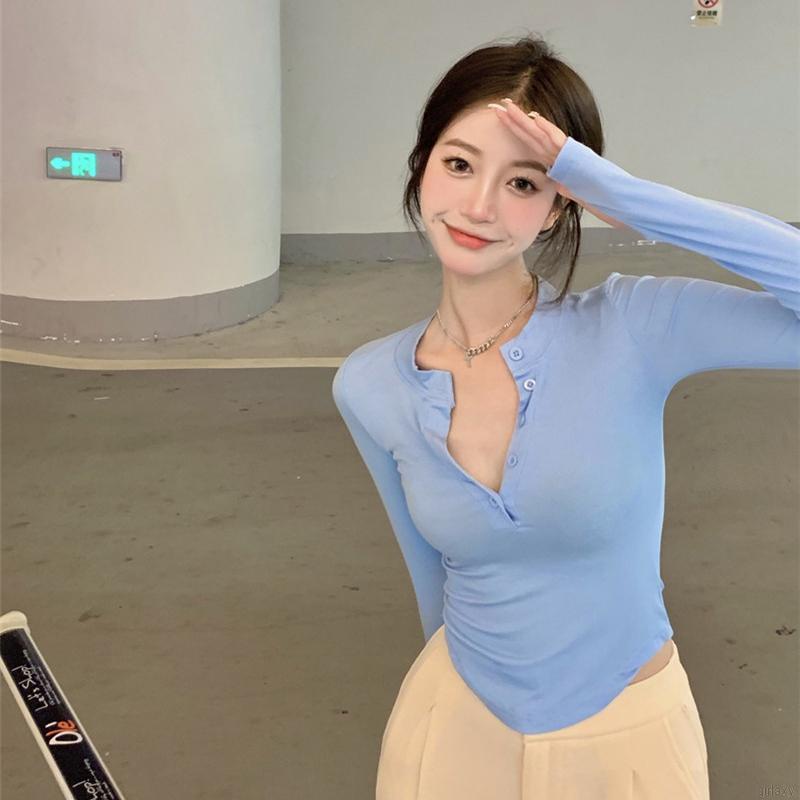 Áo thun tay dài cổ chữ V màu sắc đơn giản phong cách Hàn Quốc cho nữ