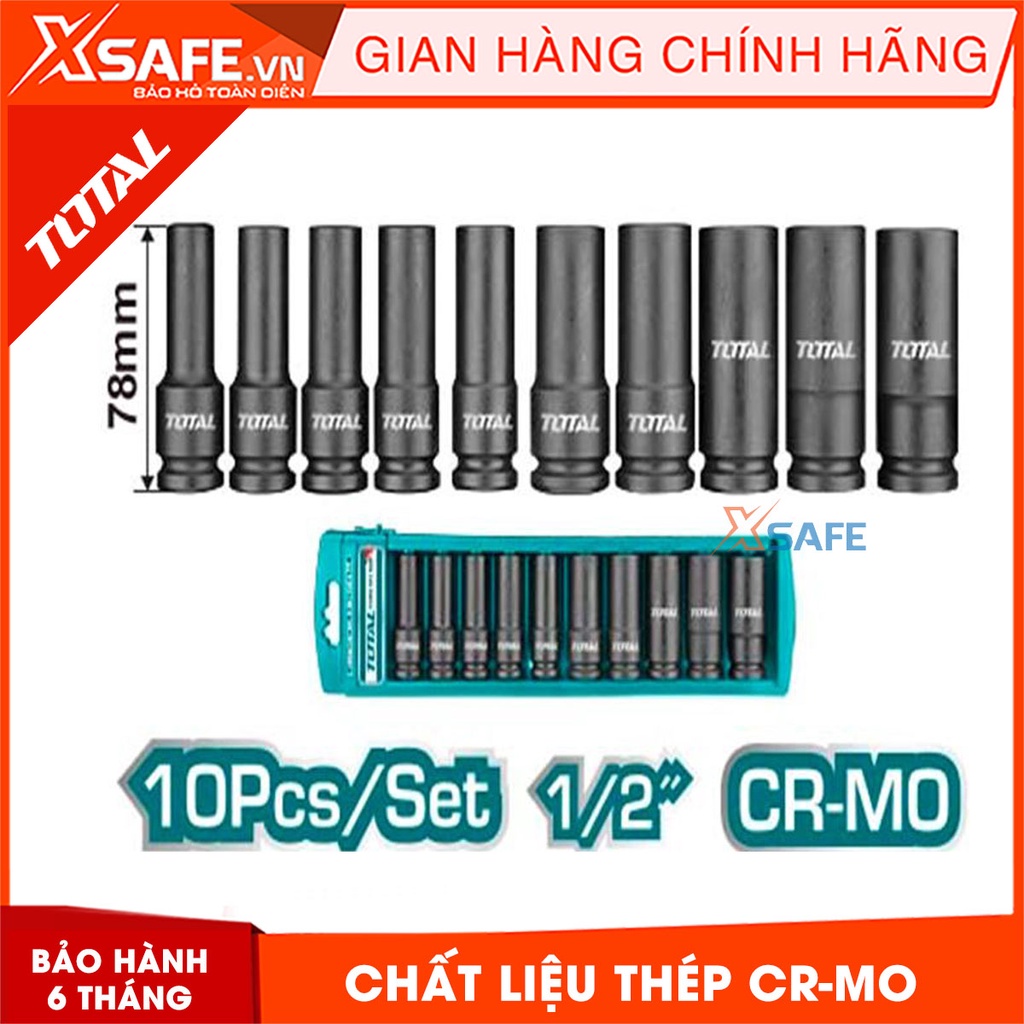Bộ 10 đầu tuýp Deep Impact DR TOTAL THKISD12102L 1/2&quot; dài 78mm kích thước đa dạng 10-24mm Bộ đầu tiếp thép CrMo