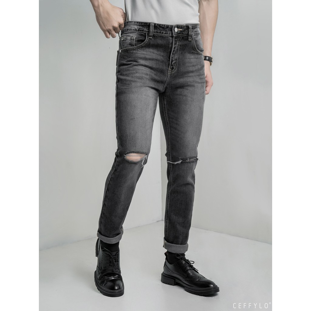 Quần Jeans rách gối Xám nam form slimfit CEFFYLO, chất Jean thun co giãn nhẹ