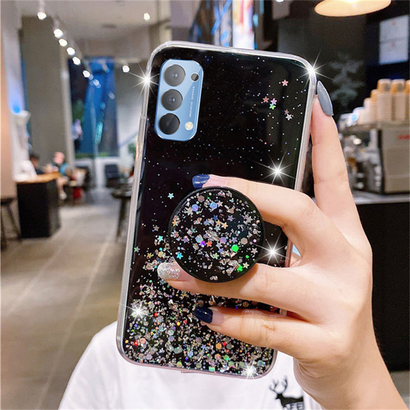 Glitter Bling Sequins Case Soft Silicone TPU Mirror Stand Holder Back Cover casing OPPO A15 A15s Reno 5 4G A12 A31 A52 A92 A93 A33 A53 A5 A9 2020