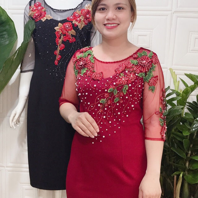 Đầm trung niên nữ phối hoa sang trọng, dự tiếc, thiết kế cao cấp