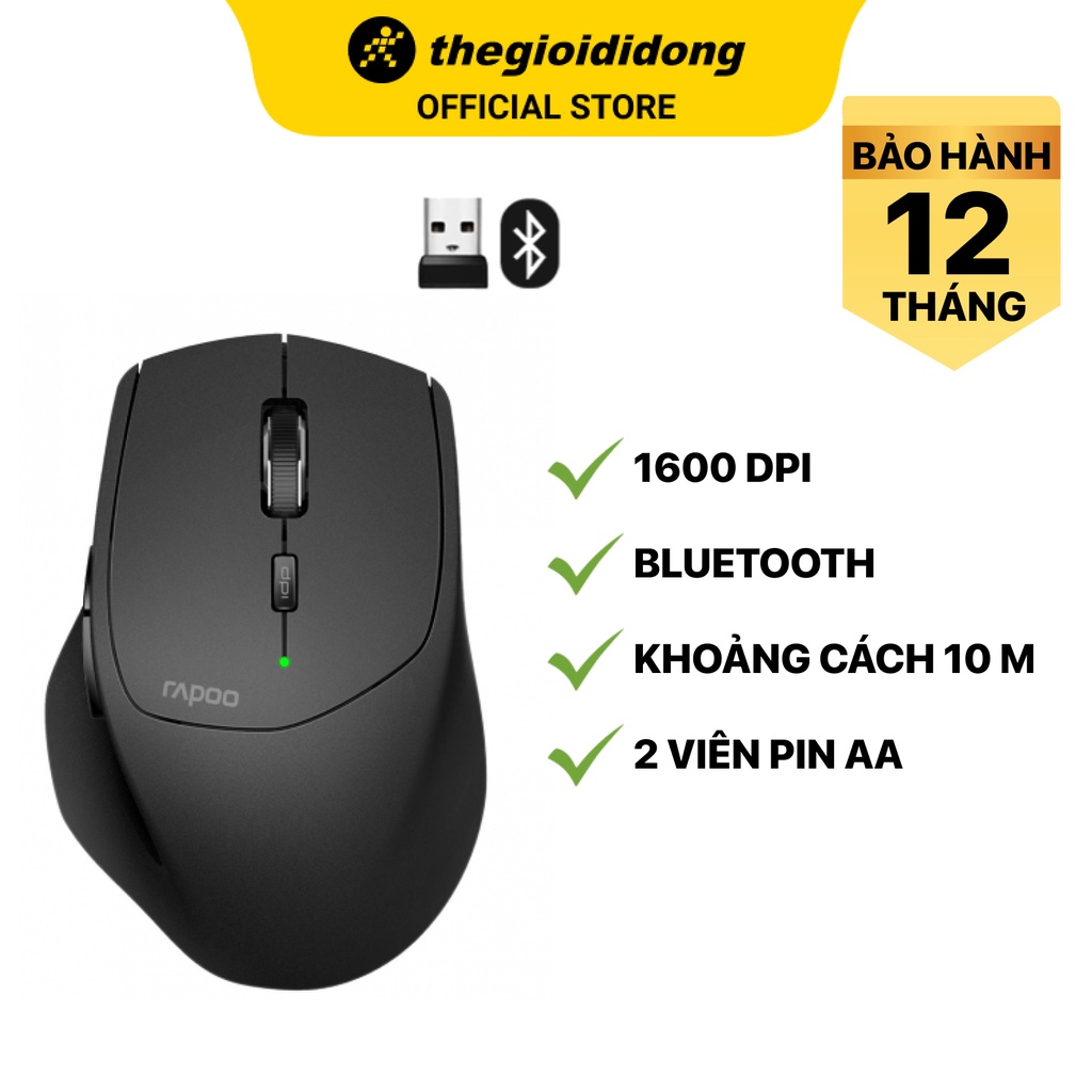 Chuột Không dây Bluetooth Rapoo MT550 Đen 1600 DPI - Hàng chính hãng - BH 24 tháng