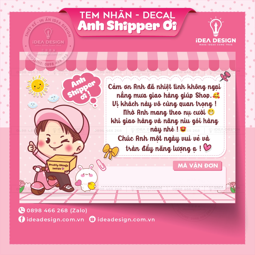 Decal Dán, Tem Nhãn Dán Cám Ơn Anh Shipper Có Ô Ghi Vận Đơn Và Keo Dính - Size 10x7cm Cán Màn Bóng, Chống Nước, Màu Hồng