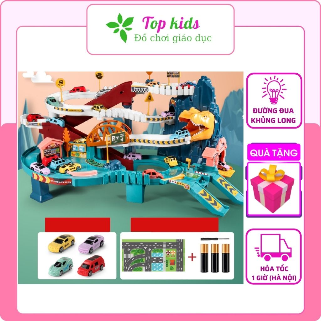 Khủng long đồ chơi bộ lắp ráp mô hình kèm nhiều ô tô chạy tự động đồ chơi thông minh có nhạc cho bé TOPKIDS