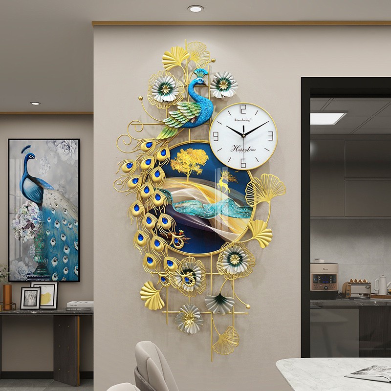 Đồng Hồ Treo Tường Decor Con Công Kết Hợp Tranh tráng gương  Trang Trí Phòng Khách Cao Cấp KD2925-1