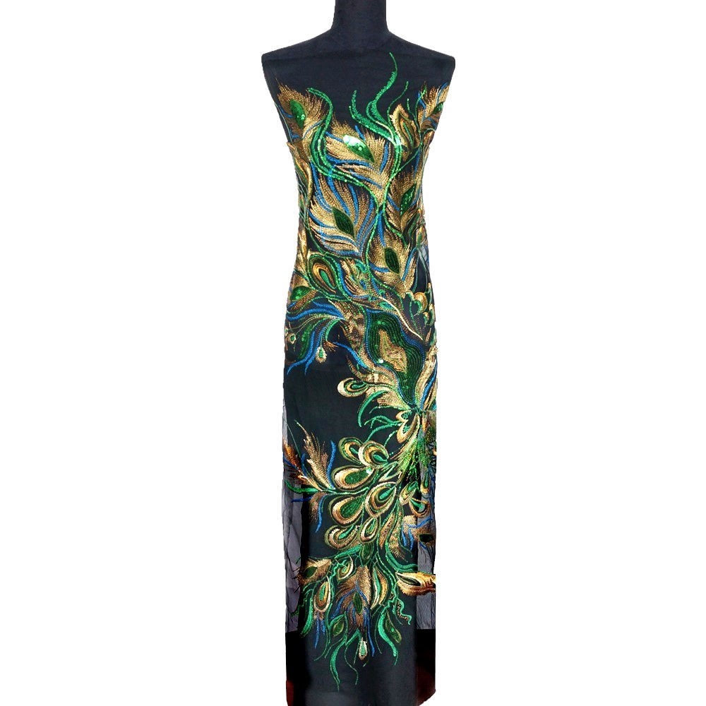 Vải Ren Thêu Hình Lông Công Màu Đen / Xanh Lá Đính Kim Sa Lấp Lánh Trang Trí Váy Cưới diy