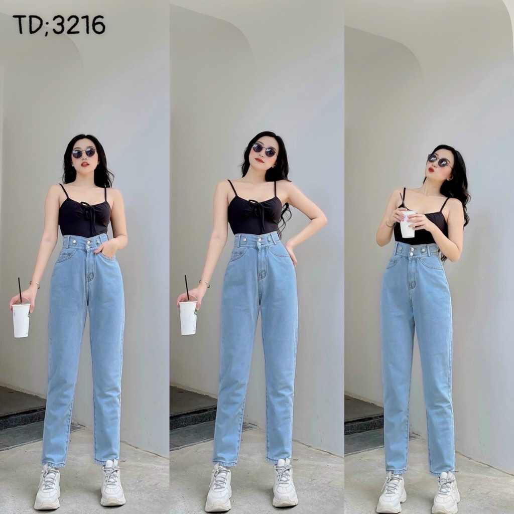 Quần Baggy Jean Nữ Ống Rộng Mẫu Trơn Lưng Cao 2 Nút Túi Kiểu Mã 206