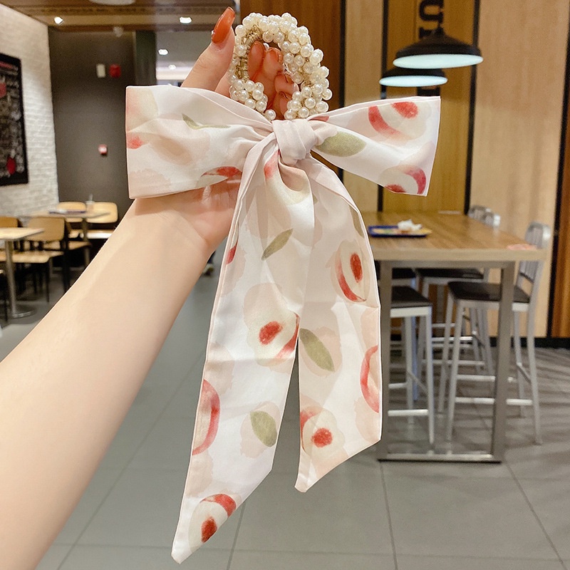 Dây buộc tóc vải lụa thắt nơ đính ngọc trai nhân tạo xinh xắn