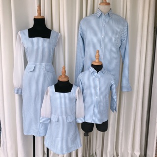 Set đồ gia đình thiết kế - áo gia đình caro xanh - váy áo caro gia đình - đồ đôi caro xanh đi tiệc gia đình đẹp