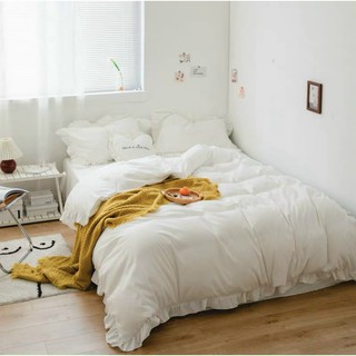 Bộ chăn ga gối Cotton tici viền bèo đáng yêu drap giường Hàn quốc ga trải bo chun đủ size - Màu trắng viền bèo.