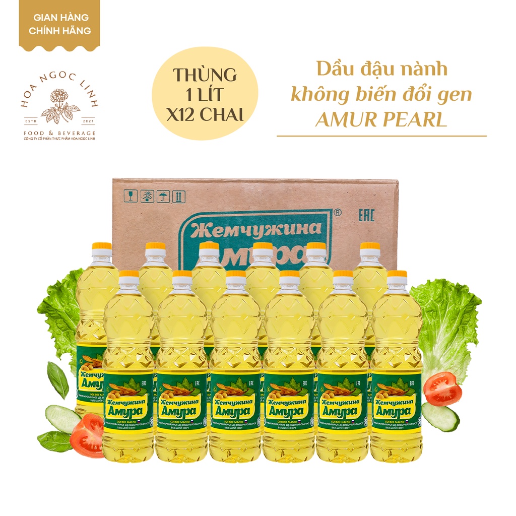 Thùng 12 Chai Dầu đậu nành không biến đổi Gen Amur Pearl (loại 1L x 12 chai)