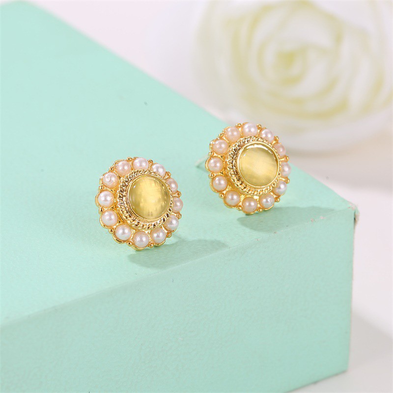 Khuyên tai đính hạt ngọc trai nhân tạo đá mắt mèo giả kiểu Hàn Quốc