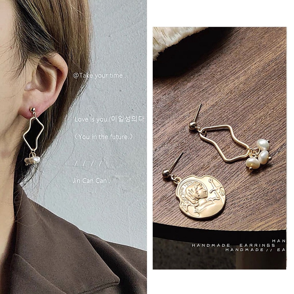 Khuyên tai bất đối xứng ELLE, bông tai mạ vàng 18K chốt bạc 925 ngọc-trai-nước-ngọt, hoa tai nữ Hàn Quốc LILI STUDIO L10